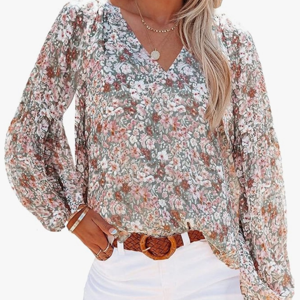 Floral lined Chiffon Blouse - Greyand Pink